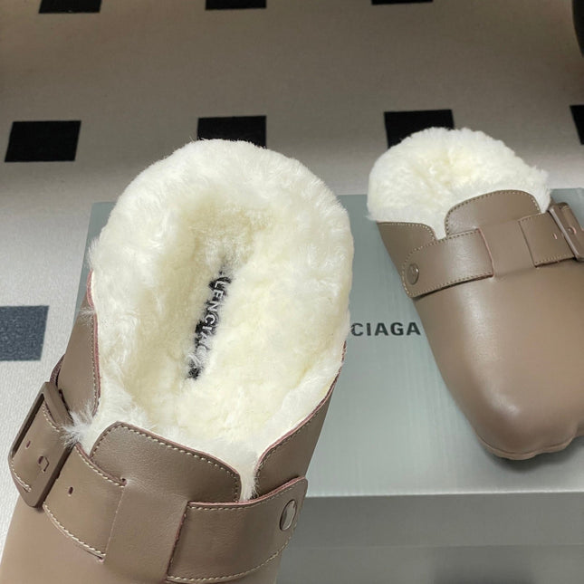 BALENCIAGA 25S FUR-LINED MULES IN TAUPE GRAY FAUX LEATHER