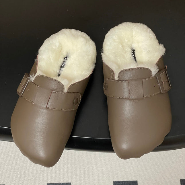 BALENCIAGA 25S FUR-LINED MULES IN TAUPE GRAY FAUX LEATHER