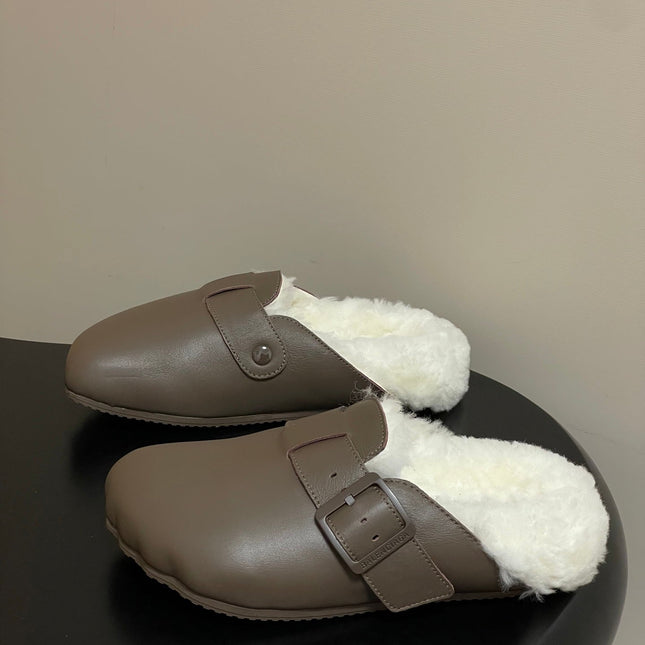 BALENCIAGA 25S FUR-LINED MULES IN TAUPE GRAY FAUX LEATHER