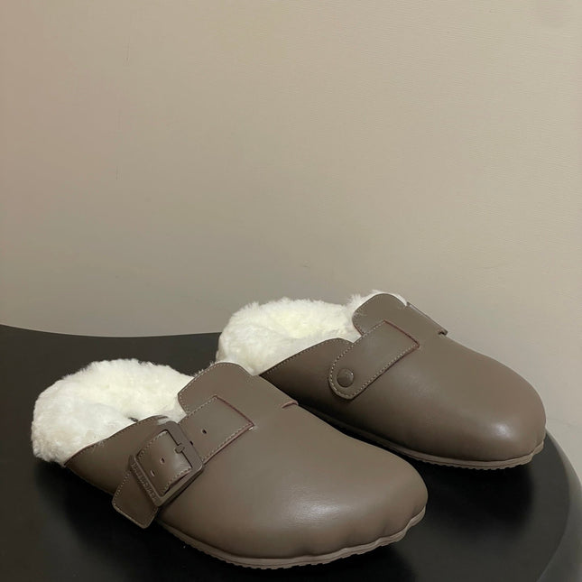 BALENCIAGA 25S FUR-LINED MULES IN TAUPE GRAY FAUX LEATHER