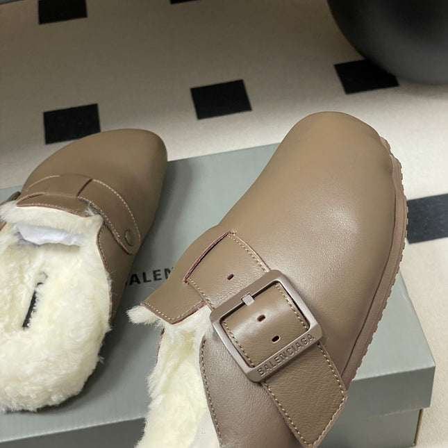 BALENCIAGA 25S FUR-LINED MULES IN TAUPE GRAY FAUX LEATHER