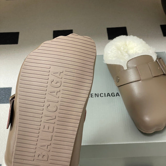 BALENCIAGA 25S FUR-LINED MULES IN TAUPE GRAY FAUX LEATHER