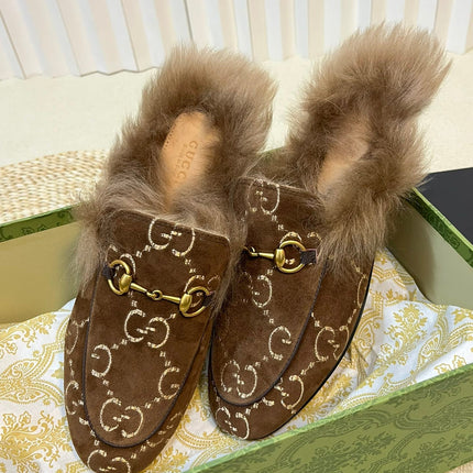 HORSEBIT MULE IN COCOA BROWN MONOGRAM VELVET AND LAMB WOOL LINING