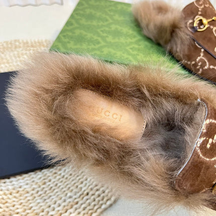 HORSEBIT MULE IN COCOA BROWN MONOGRAM VELVET AND LAMB WOOL LINING