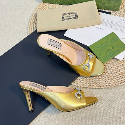 GG  Women's Horsebit mid-heel slide sandal in Gold