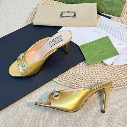 GG  Women's Horsebit mid-heel slide sandal in Gold