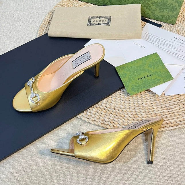 GG  Women's Horsebit mid-heel slide sandal in Gold