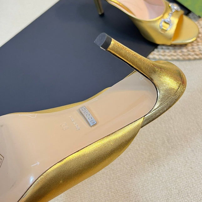 GG  Women's Horsebit mid-heel slide sandal in Gold