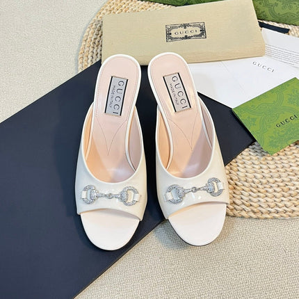 GG  Women's Horsebit mid-heel slide sandal in glossy White leather