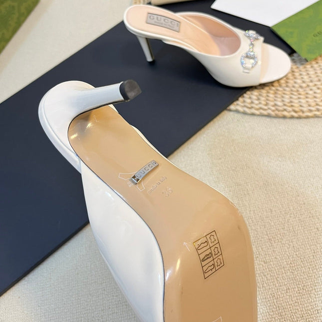 GG  Women's Horsebit mid-heel slide sandal in glossy White leather