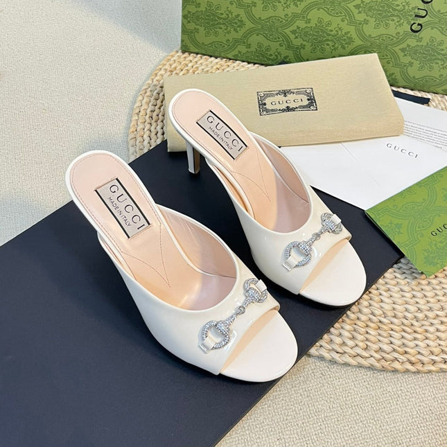 GG  Women's Horsebit mid-heel slide sandal in glossy White leather