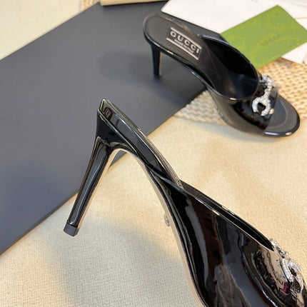 GG  Women's Horsebit mid-heel slide sandal in glossy black leather