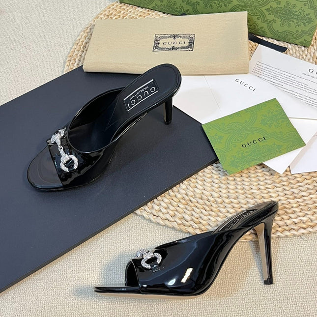 GG  Women's Horsebit mid-heel slide sandal in glossy black leather