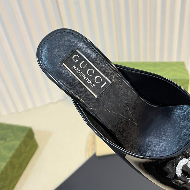 GG  Women's Horsebit mid-heel slide sandal in glossy black leather