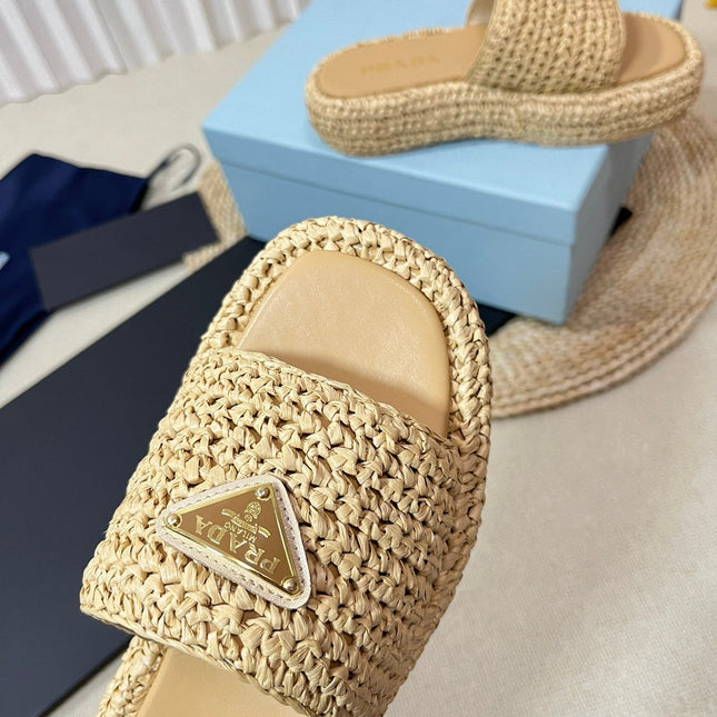 PRA CROCHET FLATFORM SLIDES BEIGE RAFFIA
