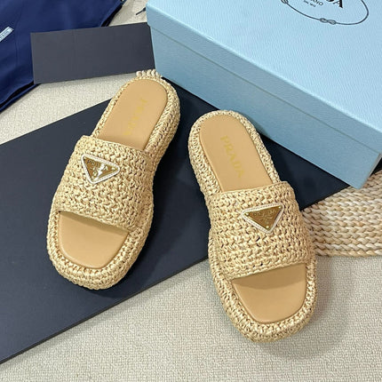 PRA CROCHET FLATFORM SLIDES BEIGE RAFFIA