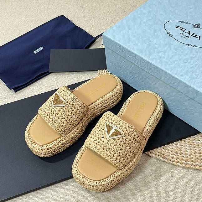 PRA CROCHET FLATFORM SLIDES BEIGE RAFFIA