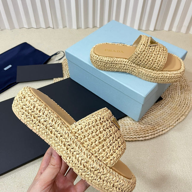 PRA CROCHET FLATFORM SLIDES BEIGE RAFFIA