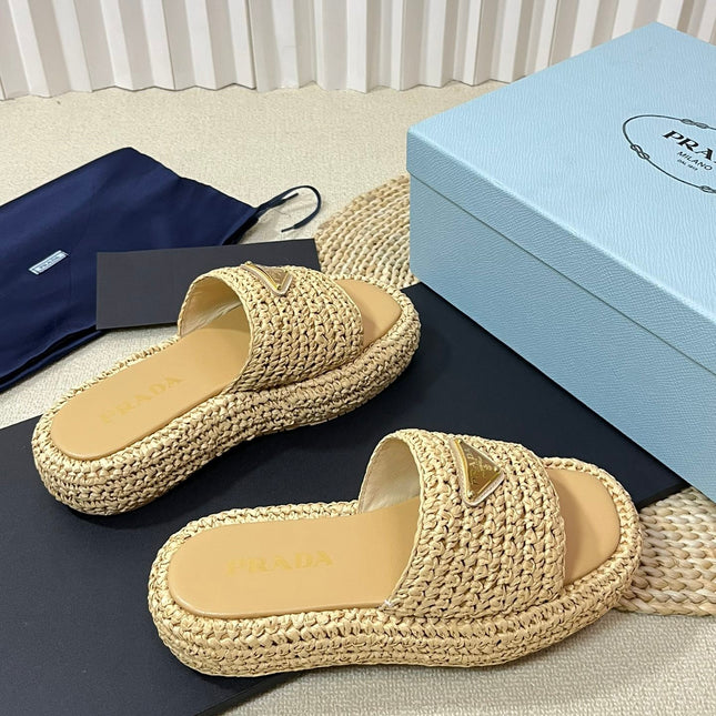 PRA CROCHET FLATFORM SLIDES BEIGE RAFFIA
