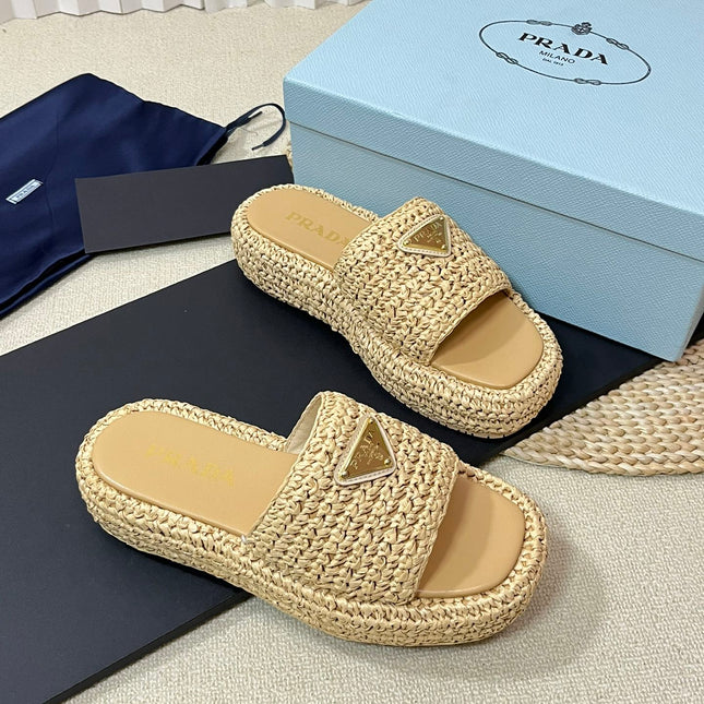 PRA CROCHET FLATFORM SLIDES BEIGE RAFFIA