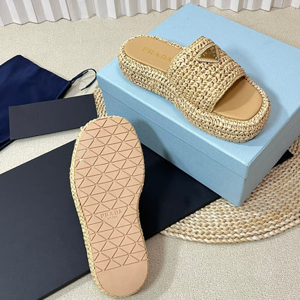 PRA CROCHET FLATFORM SLIDES BEIGE RAFFIA