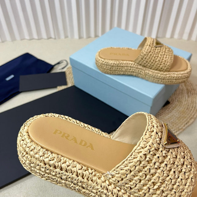 PRA CROCHET FLATFORM SLIDES BEIGE RAFFIA