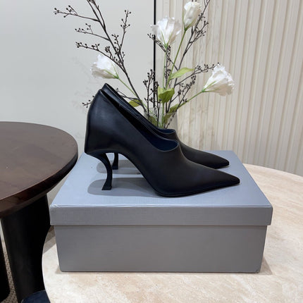 CURVED HEEL DEEP MOUTH PUMPS IN BLACK CALFSKIN