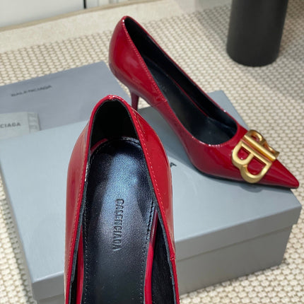 POINTED BB GOLD BUCKLE HIGH PUMPS 80MM IN RED PATENT CALFSKIN