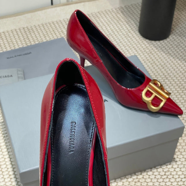 POINTED BB GOLD BUCKLE HIGH PUMPS 80MM IN RED PATENT CALFSKIN