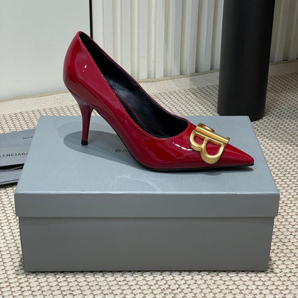 POINTED BB GOLD BUCKLE HIGH PUMPS 80MM IN RED PATENT CALFSKIN