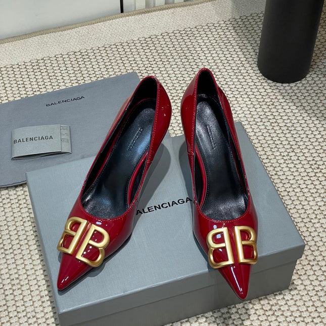 POINTED BB GOLD BUCKLE HIGH PUMPS 80MM IN RED PATENT CALFSKIN