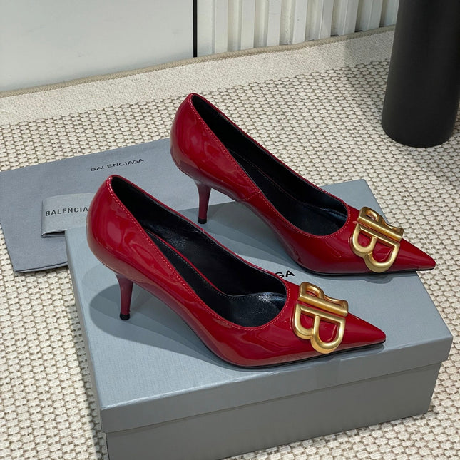 POINTED BB GOLD BUCKLE HIGH PUMPS 80MM IN RED PATENT CALFSKIN