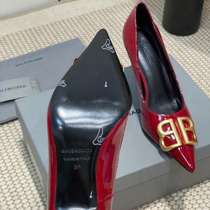 POINTED BB GOLD BUCKLE HIGH PUMPS 80MM IN RED PATENT CALFSKIN