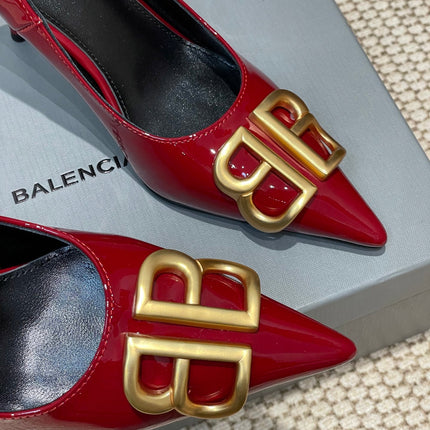 POINTED BB GOLD BUCKLE HIGH PUMPS 80MM IN RED PATENT CALFSKIN