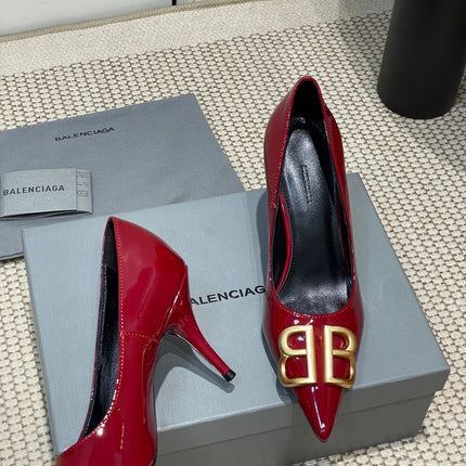 POINTED BB GOLD BUCKLE HIGH PUMPS 80MM IN RED PATENT CALFSKIN