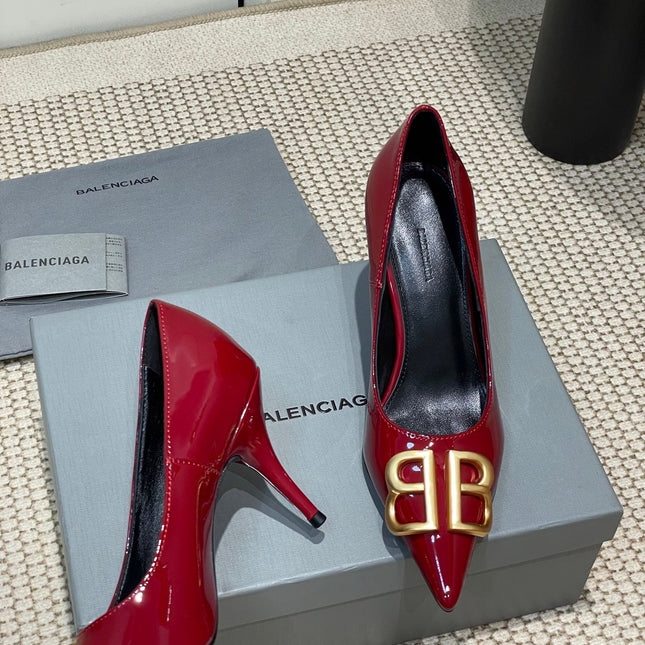 POINTED BB GOLD BUCKLE HIGH PUMPS 80MM IN RED PATENT CALFSKIN