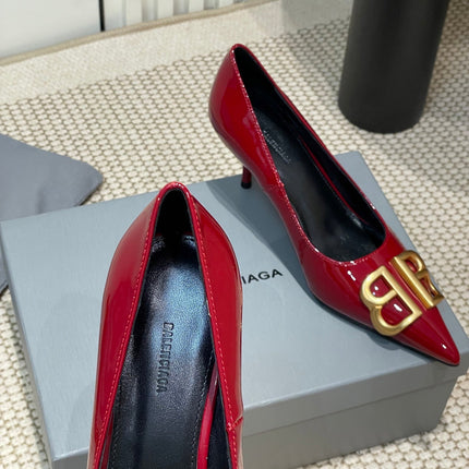POINTED BB GOLD BUCKLE HIGH PUMPS 60MM IN RED PATENT CALFSKIN