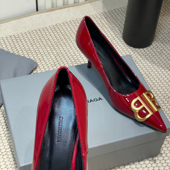 POINTED BB GOLD BUCKLE HIGH PUMPS 60MM IN RED PATENT CALFSKIN
