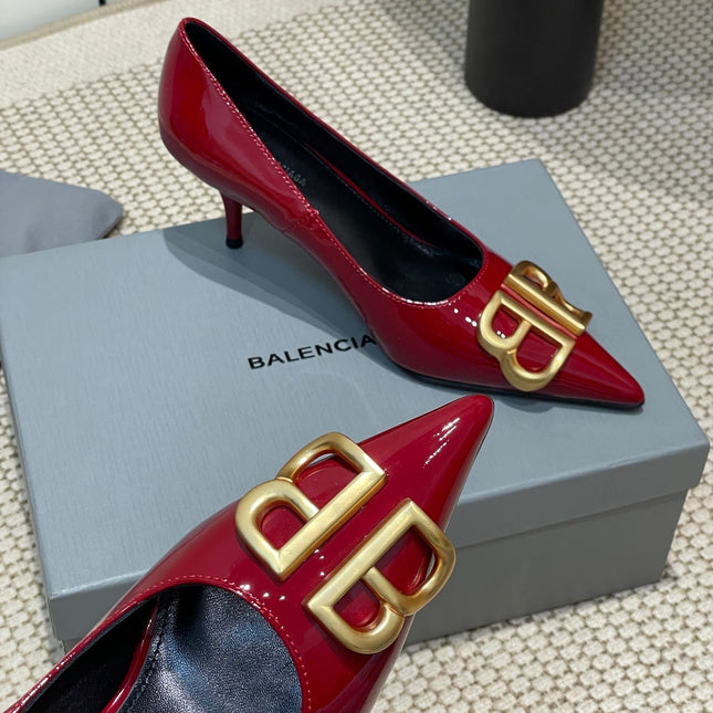 POINTED BB GOLD BUCKLE HIGH PUMPS 60MM IN RED PATENT CALFSKIN