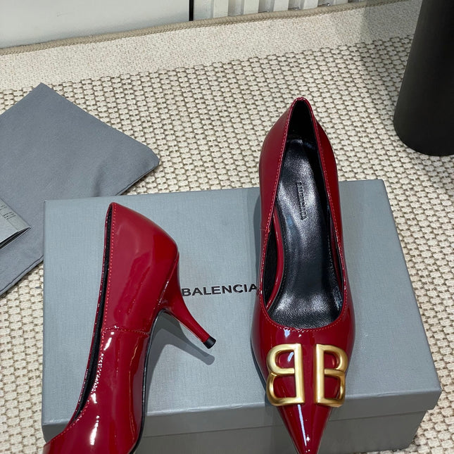 POINTED BB GOLD BUCKLE HIGH PUMPS 60MM IN RED PATENT CALFSKIN