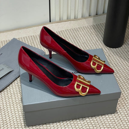 POINTED BB GOLD BUCKLE HIGH PUMPS 60MM IN RED PATENT CALFSKIN