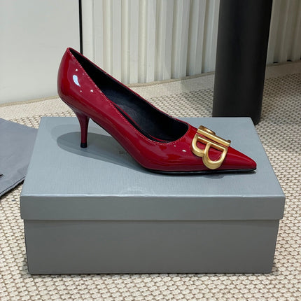POINTED BB GOLD BUCKLE HIGH PUMPS 60MM IN RED PATENT CALFSKIN