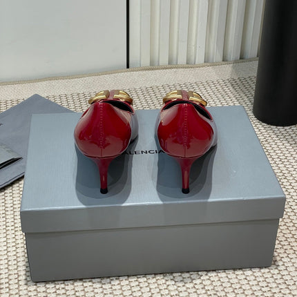 POINTED BB GOLD BUCKLE HIGH PUMPS 60MM IN RED PATENT CALFSKIN