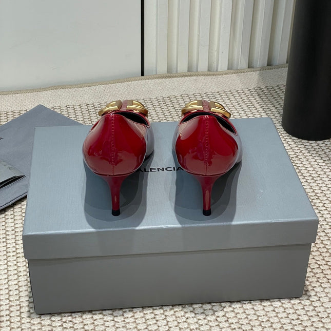POINTED BB GOLD BUCKLE HIGH PUMPS 60MM IN RED PATENT CALFSKIN