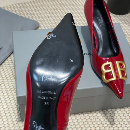 POINTED BB GOLD BUCKLE HIGH PUMPS 60MM IN RED PATENT CALFSKIN
