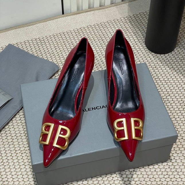 POINTED BB GOLD BUCKLE HIGH PUMPS 60MM IN RED PATENT CALFSKIN