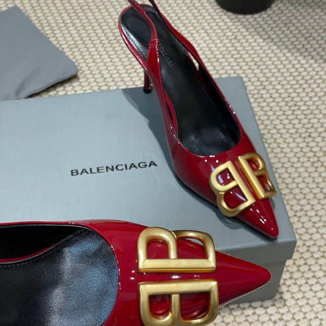 POINTED BB GOLD BUCKLE HIGH SLINGBACK 80MM IN RED PATENT CALFSKIN