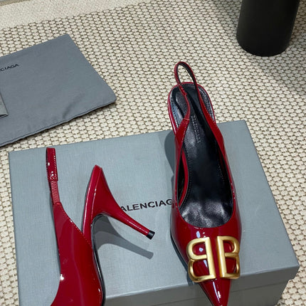 POINTED BB GOLD BUCKLE HIGH SLINGBACK 80MM IN RED PATENT CALFSKIN