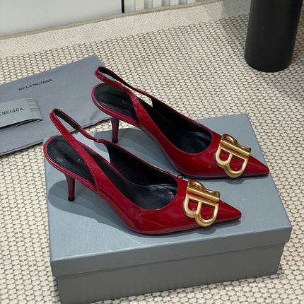 POINTED BB GOLD BUCKLE HIGH SLINGBACK 80MM IN RED PATENT CALFSKIN