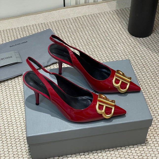 POINTED BB GOLD BUCKLE HIGH SLINGBACK 80MM IN RED PATENT CALFSKIN